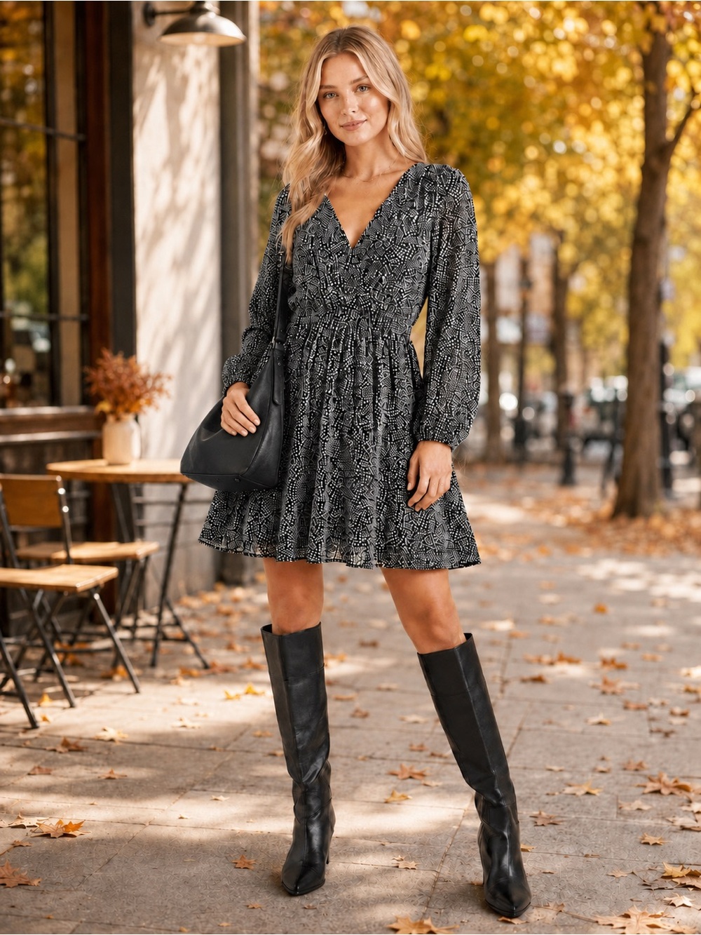 TAnthropologie Maeve Carolyn Black Print V-Neck Mini Dress Small